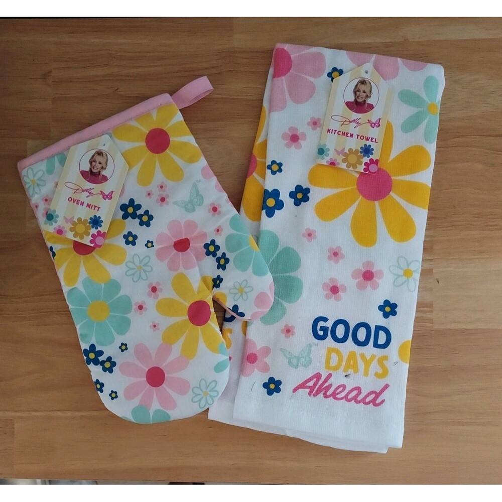 Dolly Parton Cotton Matching Floral Kitchen Oven Mitt and Towel - NEW - Set of 2
